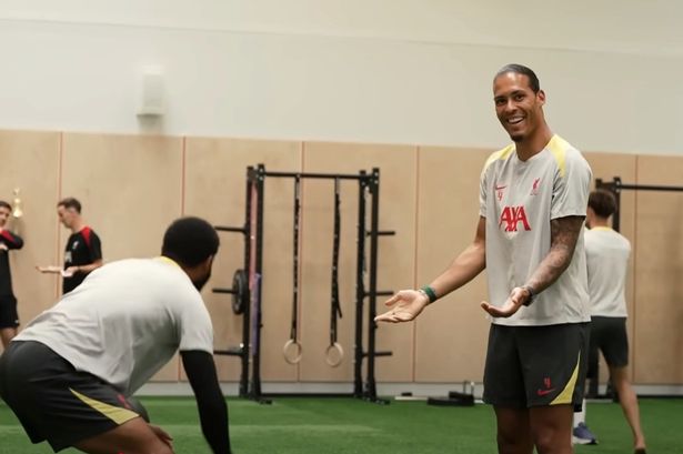 Virgil van Dijk can’t help but laugh as he ridicules his best friend in Liverpool training